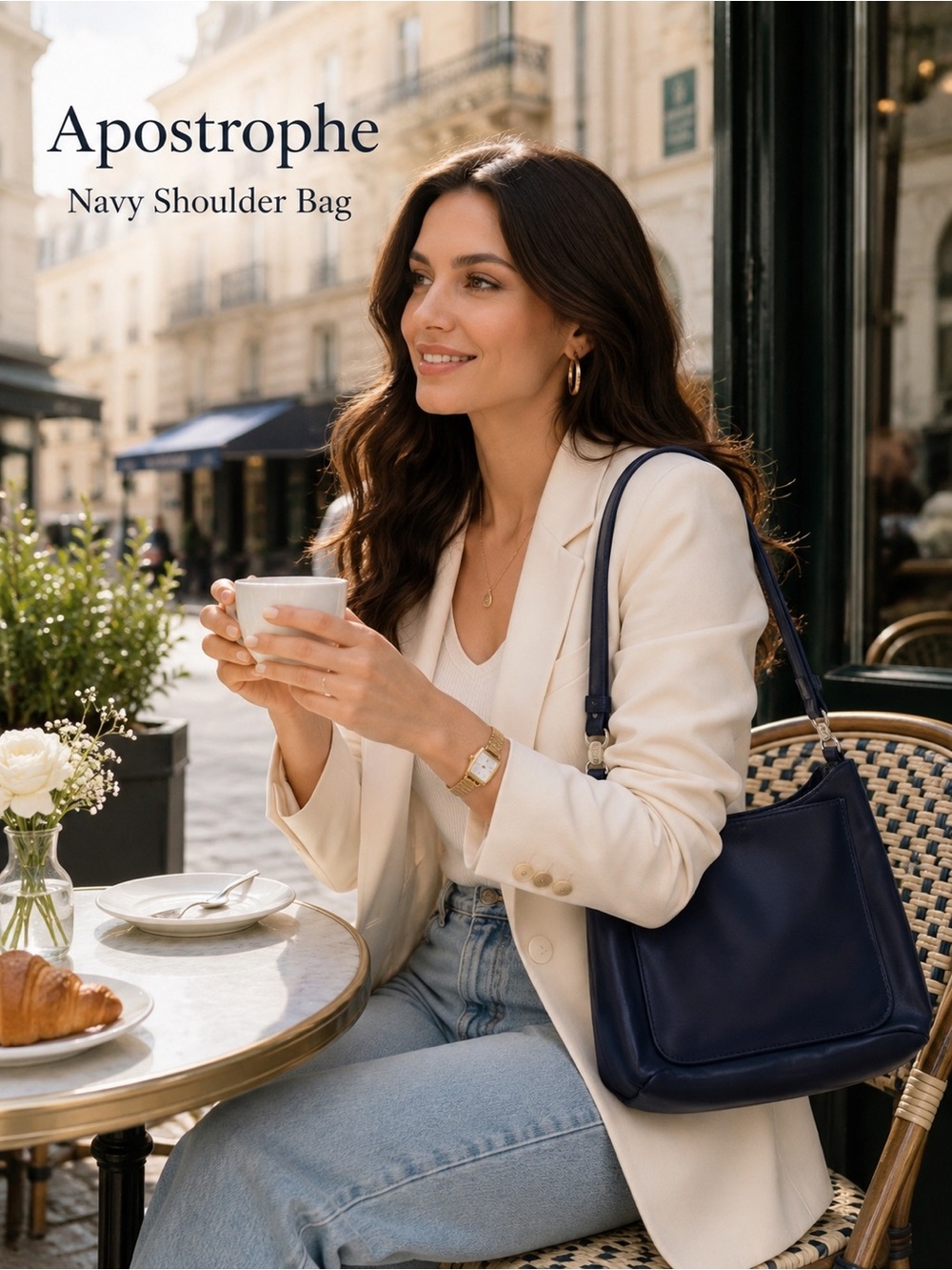 Apostrophe Navy Silky Shoulder Bag Minimalist Everyday Purse